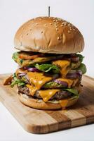 AI generated Cheese Burger with Fries in Wooden Cutting board Ai Generative photo