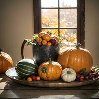 AI generated Autumn Still Life Thanksgiving Harvest Rustic Style Ai Generative photo