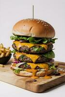 AI generated Cheese Burger with Fries in Wooden Cutting board Ai Generative photo