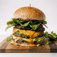 AI generated Cheese Burger with Fries in Wooden Cutting board Ai Generative photo