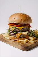 AI generated Cheese Burger with Fries in Wooden Cutting board Ai Generative photo