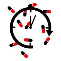 Colored clock and pill line icon. linear style sign for mobile concept and web design. Clock with scattered pills. Symbol, logo illustration. Vector graphics