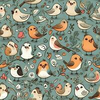 AI generated hand-drawn cute bird background filled with whimsical doodles. photo