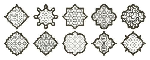 Islamic frame shapes set. Ramadan window with ornamental pattern. Vector oriental decoration design. Arabian traditional outline elements and signs.