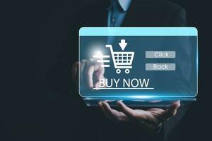 Businessman hand touch with online shopping concept, marketplace website with virtual interface of online Shopping cart part of the network, Online shopping business with selecting shopping cart. photo