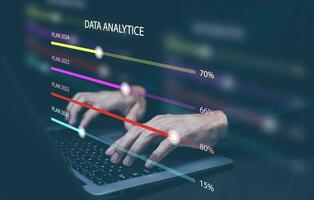 Working Data Analytics and Data Management Systems and Metrics connected to corporate strategy database for Finance, Intelligence,  Business Analytics with Key Performance Indicators, social network photo