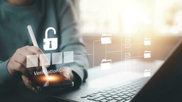 Cyber security and Security password login online concept  Hands typing and entering username and password of social media, log in with smartphone to an online bank account, data protection hacker photo