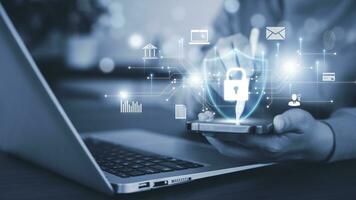 Cyber security and Security password login online concept  Hands typing and entering username and password of social media, log in with smartphone to an online bank account, data protection hacker photo