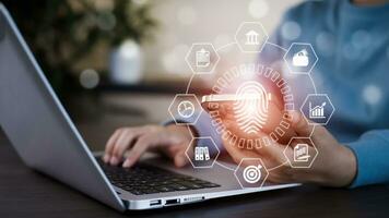 Cyber security and Security password login online concept  Hands typing and entering username and password of social media, log in with smartphone to an online bank account, data protection hacker photo