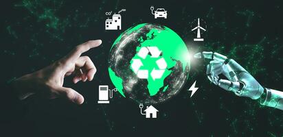 AI, Machine learning, Robot and human hands touch digital world big data of Global network connection, Internet and digital technology and artificial intelligence digital technology of futuristic. photo
