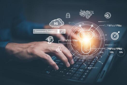 Man using laptop and touch bar Chat bot Chat with AI, Artificial Intelligence,System Artificial intelligence an artificial intelligence chatbot, Digital chatbot, Robot application, conversation photo