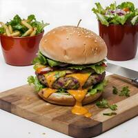 AI generated Cheese Burger with Fries in Wooden Cutting board Ai Generative photo
