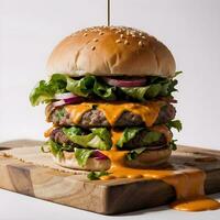 AI generated Cheese Burger with Fries in Wooden Cutting board Ai Generative photo