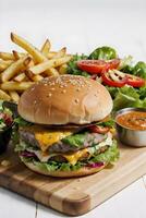 AI generated Cheese Burger with Fries in Wooden Cutting board Ai Generative photo