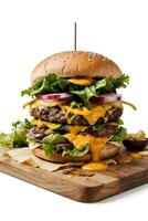 AI generated Cheese Burger with Fries in Wooden Cutting board Ai Generative photo