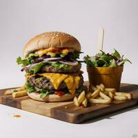 AI generated Cheese Burger with Fries in Wooden Cutting board Ai Generative photo