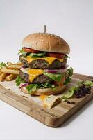 AI generated Cheese Burger with Fries in Wooden Cutting board Ai Generative photo