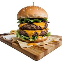 AI generated Cheese Burger with Fries in Wooden Cutting board Ai Generative photo