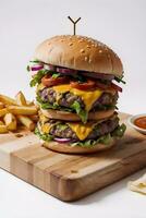 AI generated Cheese Burger with Fries in Wooden Cutting board Ai Generative photo