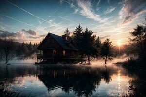 ai generado dorado hora etéreo soñador lago casa ai generativo foto