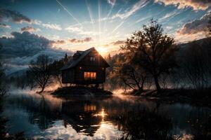AI generated Golden Hour Ethereal Dreamy Lake House Ai Generative photo