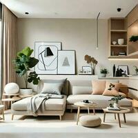 ai generado un moderno y minimalista hogar interior diseño para un pequeño urbano departamento. foto