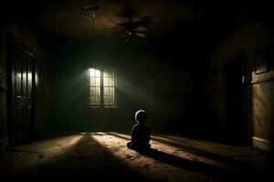 ai generado oscuro silueta de niño en misterioso habitación ai generativo foto