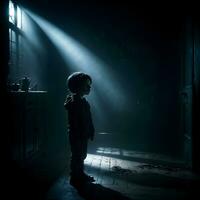 ai generado oscuro silueta de niño en misterioso habitación ai generativo foto