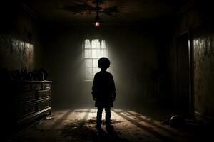 ai generado oscuro silueta de niño en misterioso habitación ai generativo foto