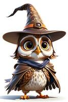 Fantasy Owl Wizard 3D in White Background Ai Genereative photo