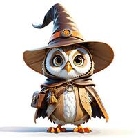 Fantasy Owl Wizard 3D in White Background Ai Generative photo