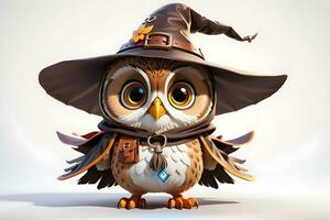 Fantasy Owl Wizard 3D in White Background Ai Genereative photo