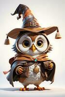 Fantasy Owl Wizard 3D in White Background Ai Generative photo