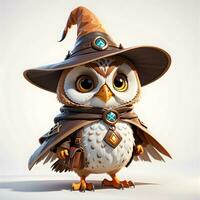 Fantasy Owl Wizard 3D in White Background Ai Genereative photo