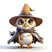 Fantasy Owl Wizard 3D in White Background Ai Generative photo