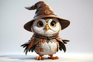 Fantasy Owl Wizard 3D in White Background Ai Genereative photo