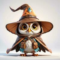 Fantasy Owl Wizard 3D in White Background Ai Genereative photo