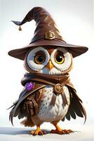 Fantasy Owl Wizard 3D in White Background Ai Genereative photo