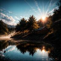 AI generated Golden Hour Ethereal Dreamy Lake House Ai Generative photo