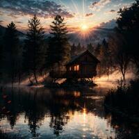 AI generated Golden Hour Ethereal Dreamy Lake House Ai Generative photo