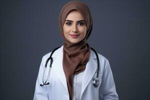 AI generated young Muslim woman doctor in white coat with stethoscope photo