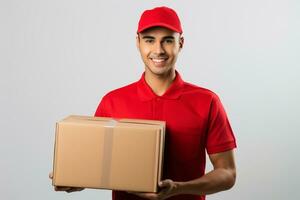 AI generated delivery man in red holding cardboard box isolated on a white background photo