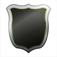 Shield icon with shiny metal frame. Black protection, security and defence symbol. Medieval design element. Vector shield icon