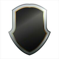 Shield icon with shiny metal frame. Black protection, security and defence symbol. Medieval design element. Vector shield icon