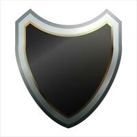 Shield icon with shiny metal frame. Black protection, security and defence symbol. Medieval design element. Vector shield icon