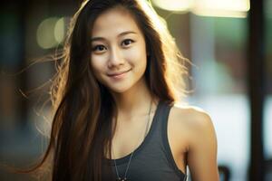 AI generated beautiful smiling young asian woman wearing tank top photo