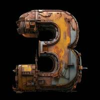 AI generated the number 3 is made of rusty metal on a black backround photo