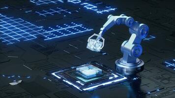 Mechanical arm and circuit chip  sci-tech video, 3d rendering. video