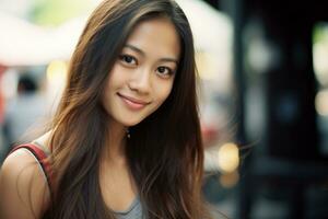 ai generado hermosa sonriente joven asiático mujer vistiendo tanque parte superior foto