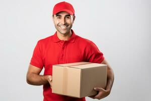 AI generated delivery man in red holding cardboard box isolated on a white background photo